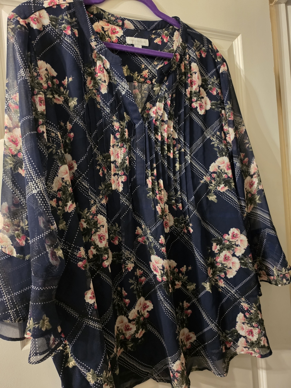 Charter Club Navy Floral Tie-Neck Blouse